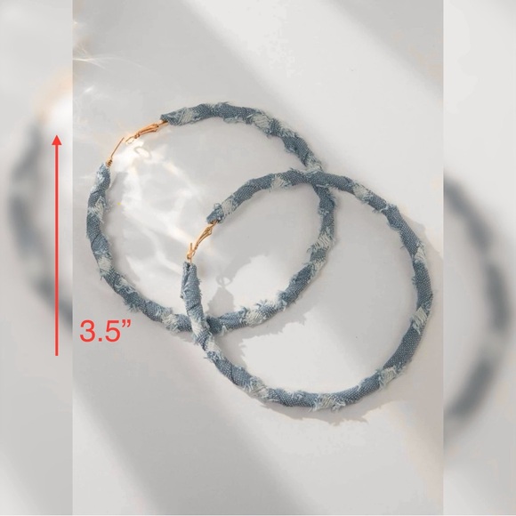 Bold Denim Hoop Earrings Light Wash Blue 3.5” Drop - Picture 7 of 8